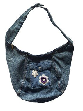 Upcycled Denim Shoulder Bag With Crochet Flower Accents & Zipper Closure